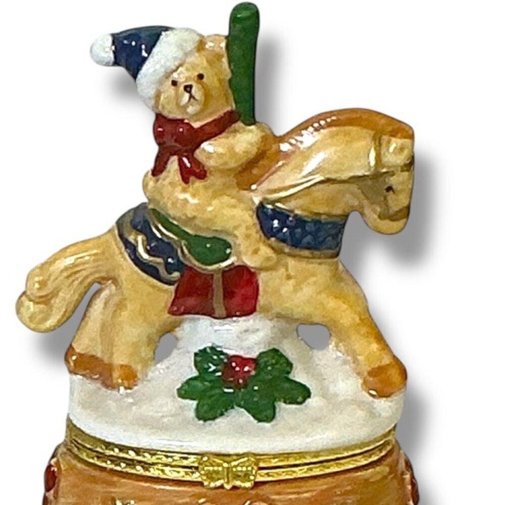 Vintage Hand Painted Trinket Box Hinged Christmas Santa Bear Carousel Horse 1990 - Picture 6 of 16